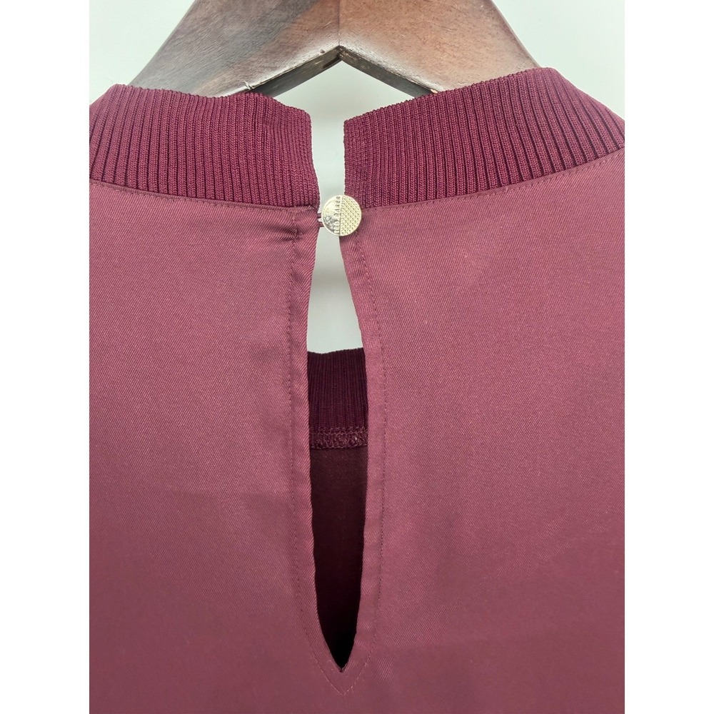 Ted Baker Wyonia Burgundy Mock Neck Ribbed Knit Trim Blouse Womens Size 3 Office - Picture 8 of 8